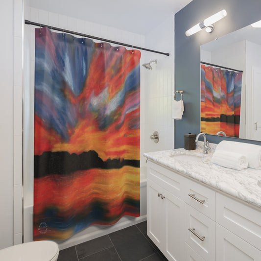 Sunset Abstract Shower Curtain — Vibrant Red & Blue Ocean Sunset Bathroom Decor