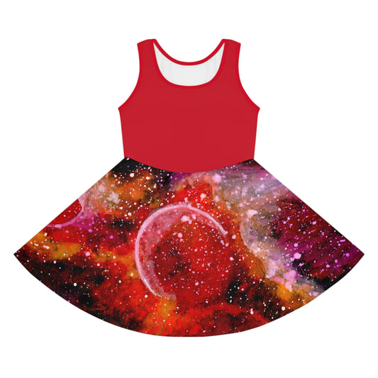 Dark Red Top Orange Moons Galaxy Girls' Sleeveless Sundress (AOP)