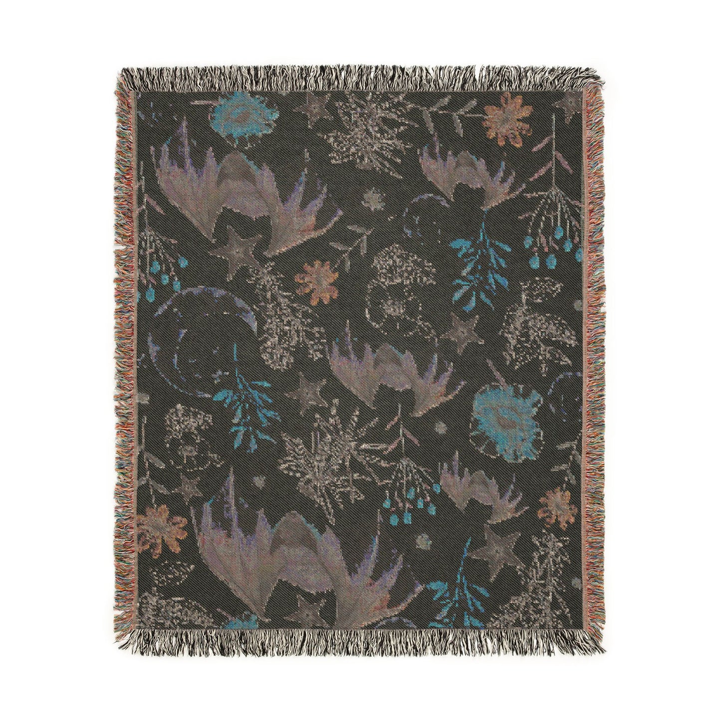 Celestial Bat Woven Blanket — Moon & Star Throw with Botanical Accents