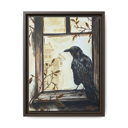 Framed Matte Canvas Print — Raven on Windowpane Wall Art