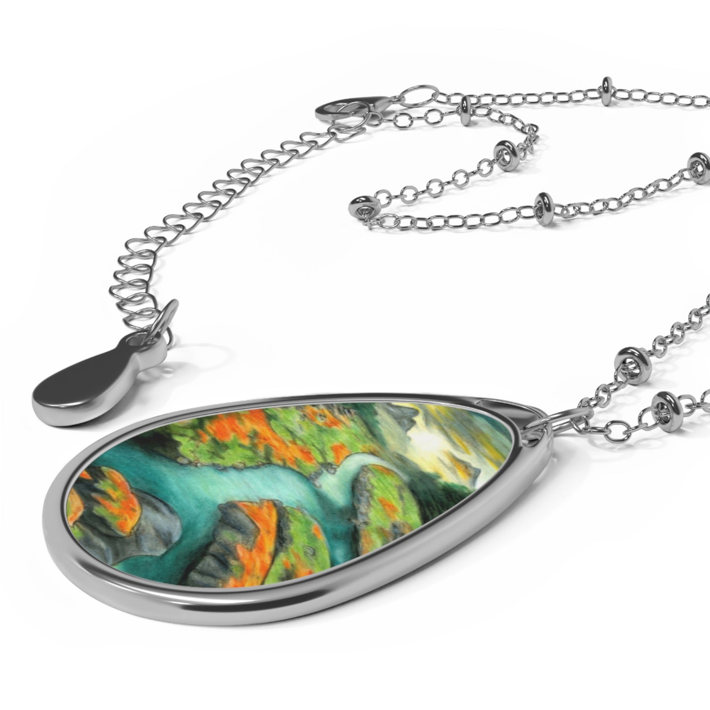 Silver Oval Pendant Necklace with Hand-painted Boho Winding River Nature Art