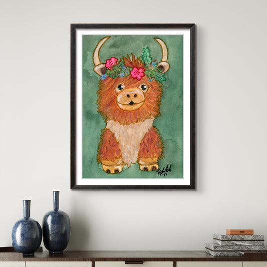 Highland Cow with Flower Crown 8x10 Museum Grade Fine Art Print