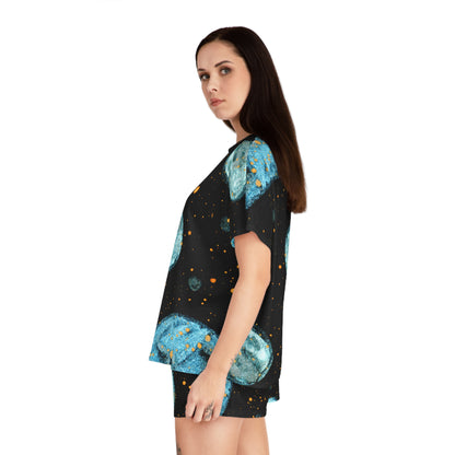 Celestial Blue Moon Women's Short Pajama Set — Spacey Planet Print Loungewear