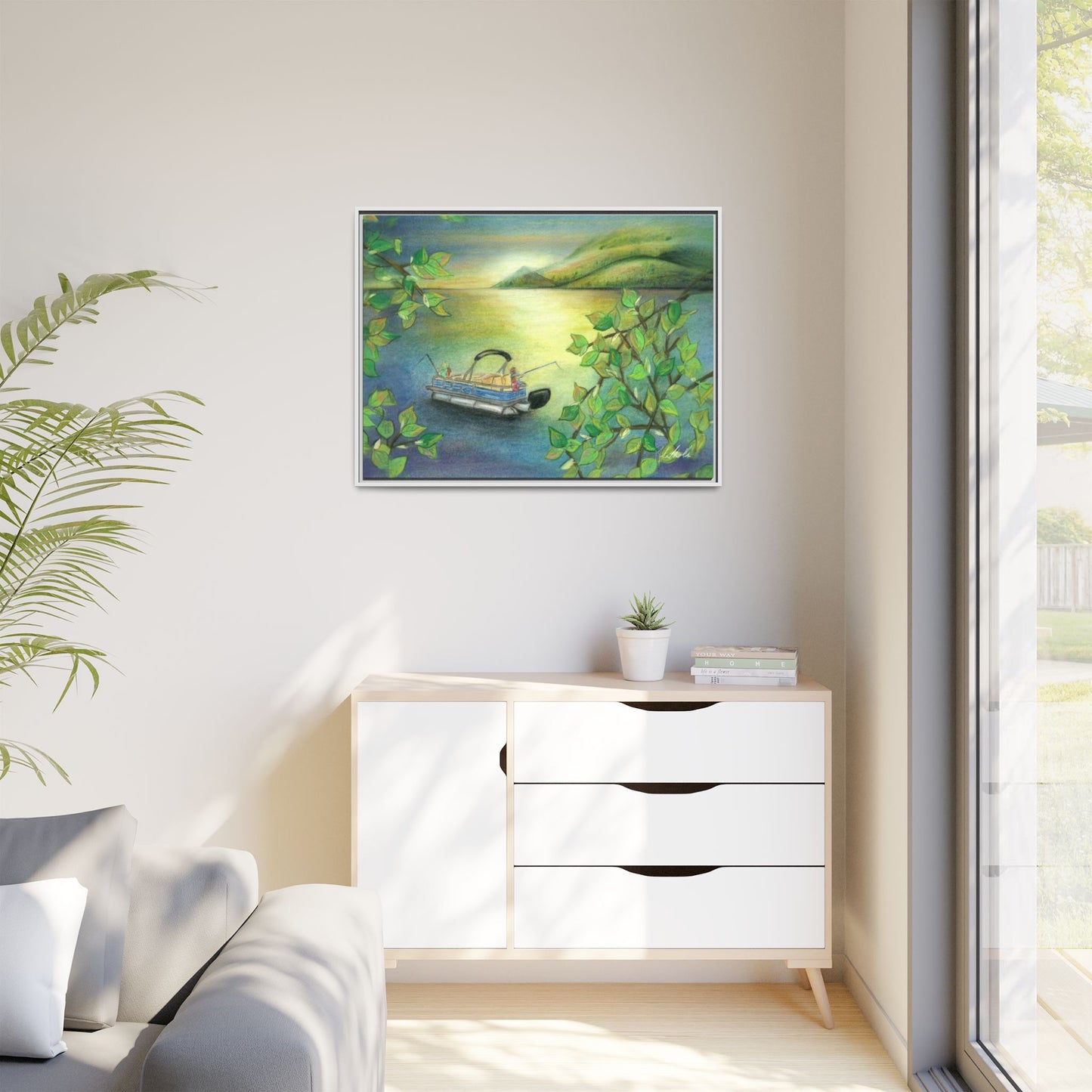 Pontoon Boat on Lake Framed Wall Art