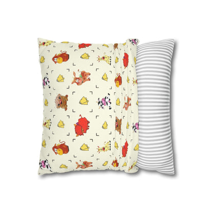 Cute Farm Animal Pattern Square Pillowcase – Whimsical Chick, Pig & Cow Throw Pillow Cover