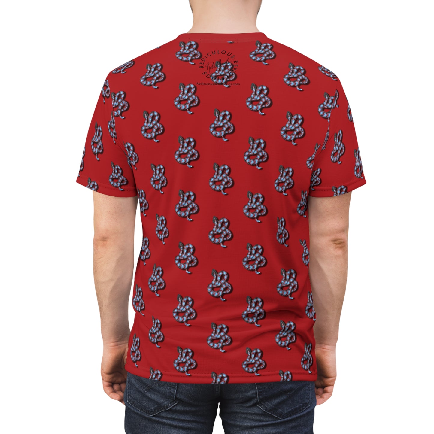 Red Snake Pattern T-Shirt — All-Over Print Casual Tee