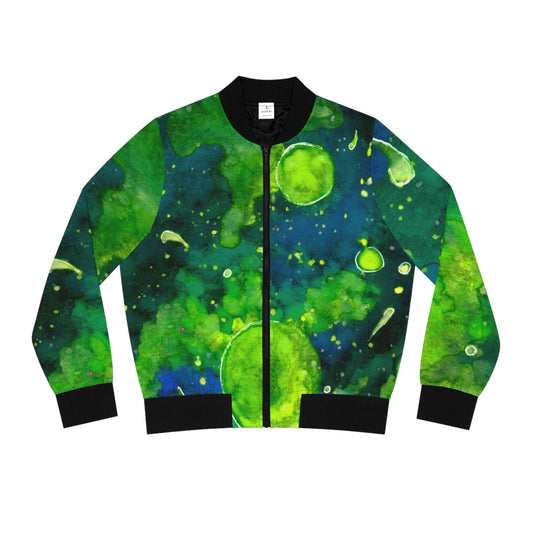 Women's Bomber Jacket — Green Nebula AOP Abstract Watercolor Print