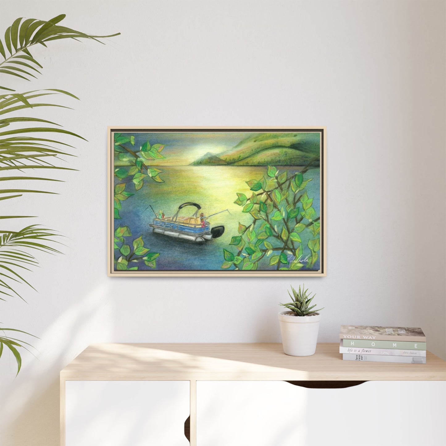 Pontoon Boat on Lake Framed Wall Art