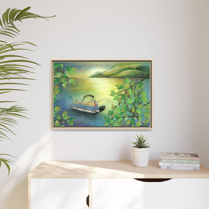 Pontoon Boat on Lake Framed Wall Art