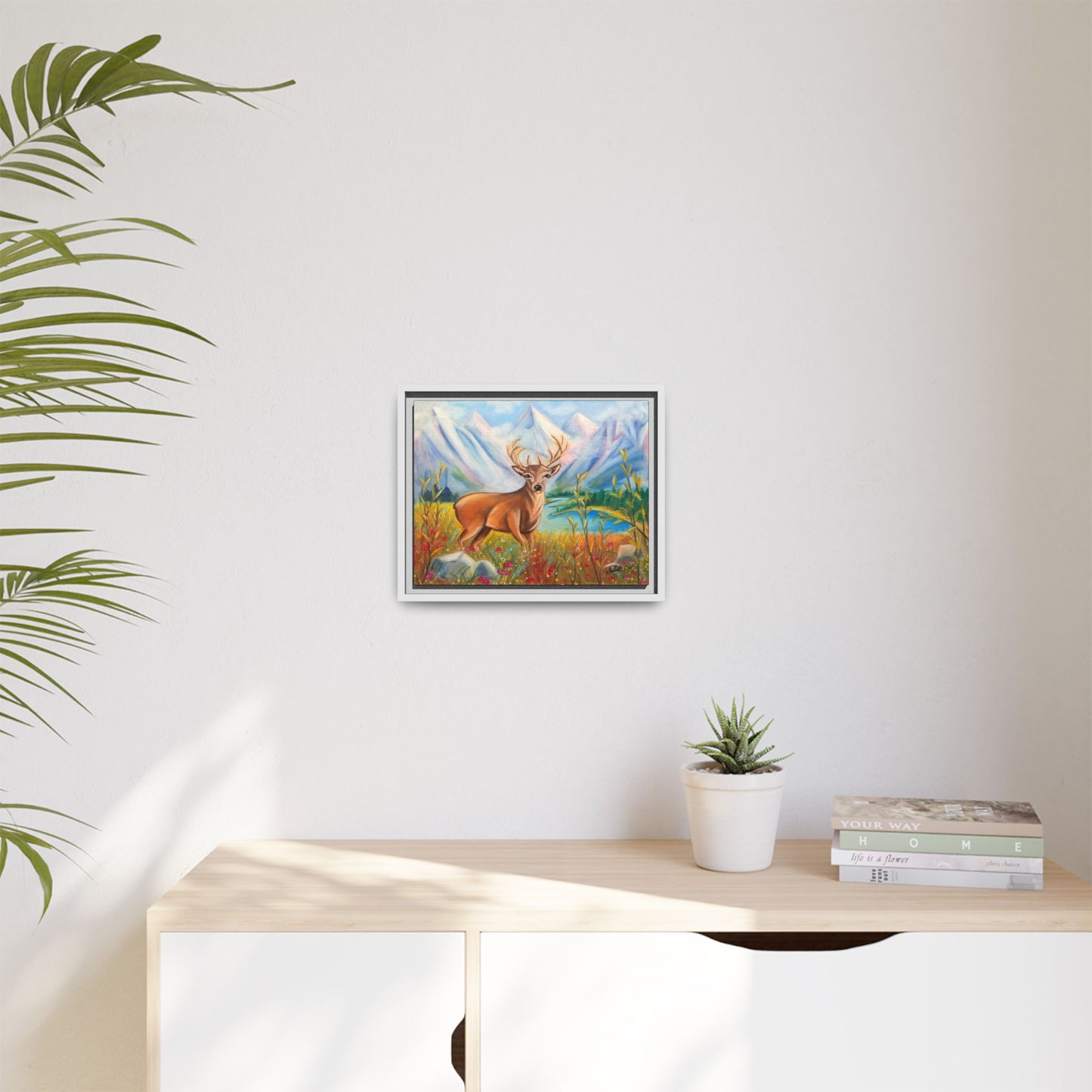 Framed Canvas Wall Art — Majestic Deer in Mountain Meadow