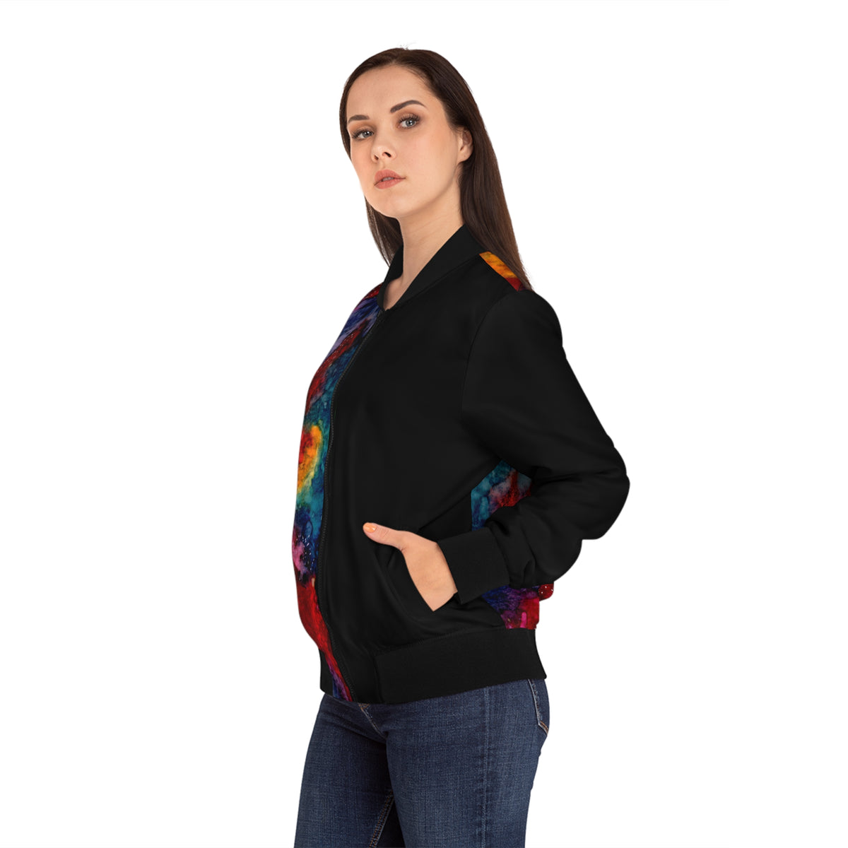 Women's Bomber Jacket - Colorful Abstract Galaxy Paint Splatter Design