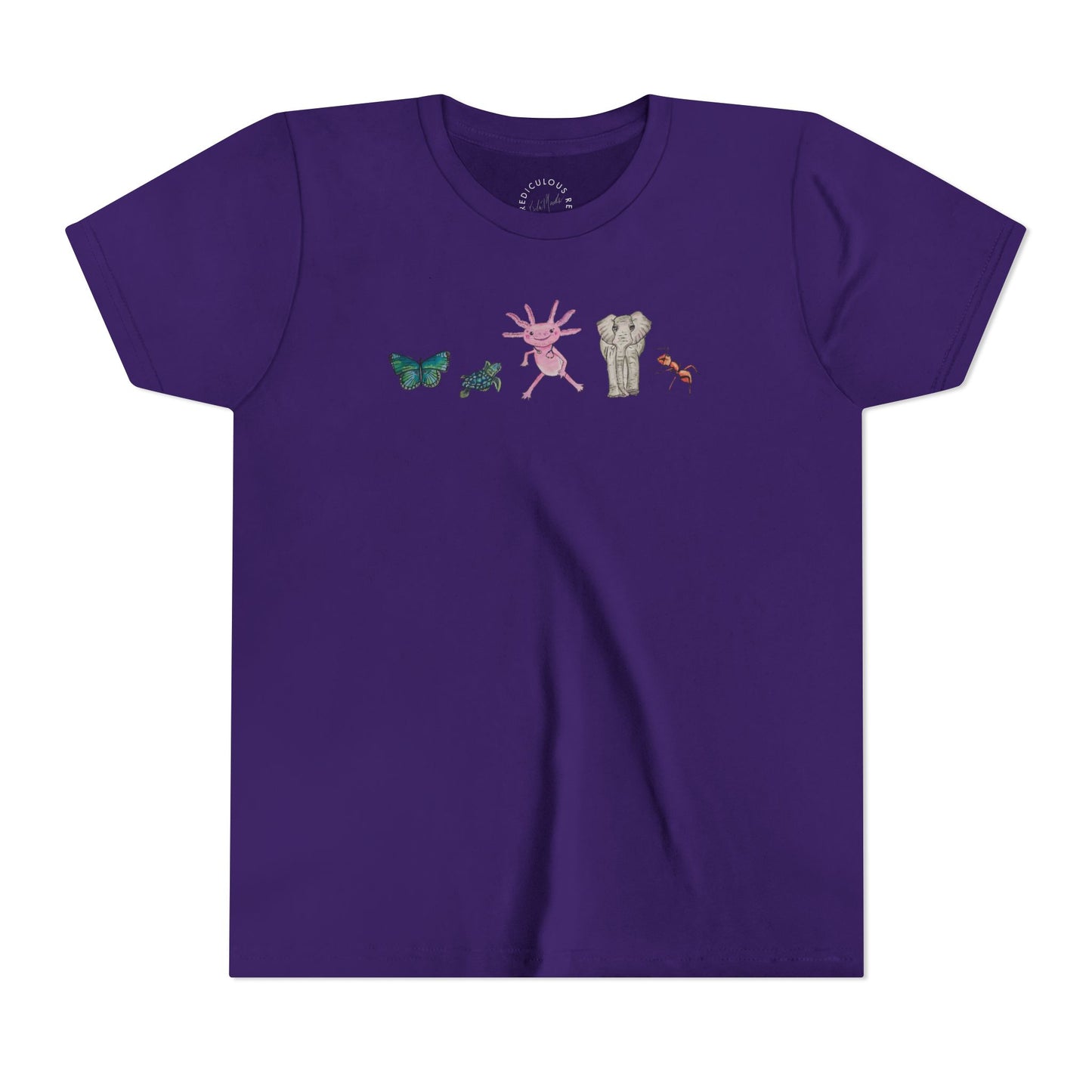 Youth Tee — Whimsical Critters (butterfly, ant, axolotl, elephant)