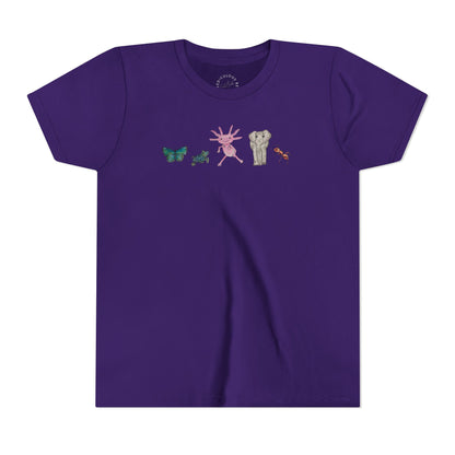 Youth Tee — Whimsical Critters (butterfly, ant, axolotl, elephant)