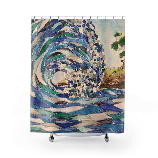 Stained Glass Wave Shower Curtain for Home Bathroom with Durable One-Sided Print and Waterproof Polyester Material