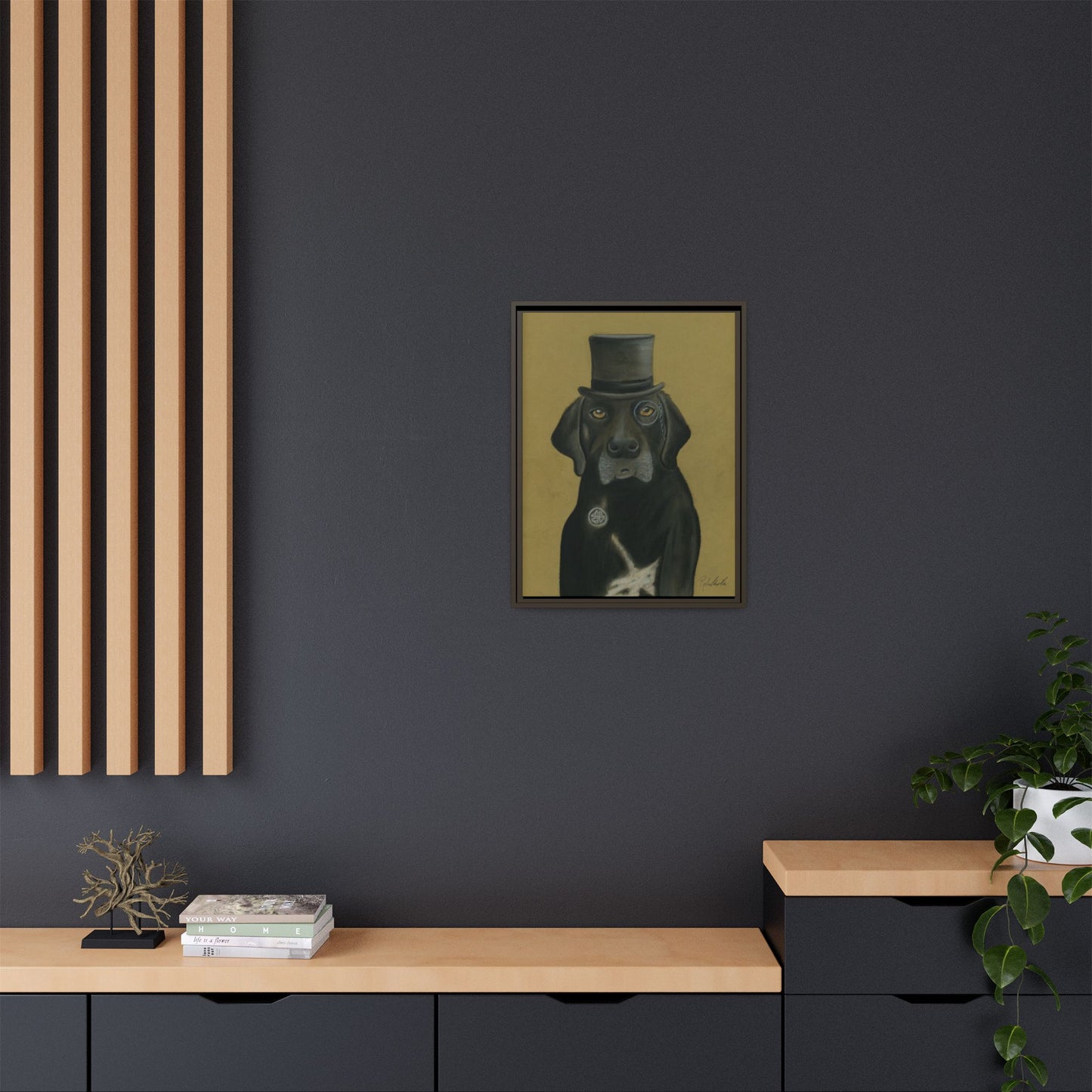 Black Lab Dog in Top Hat Framed Wall Art