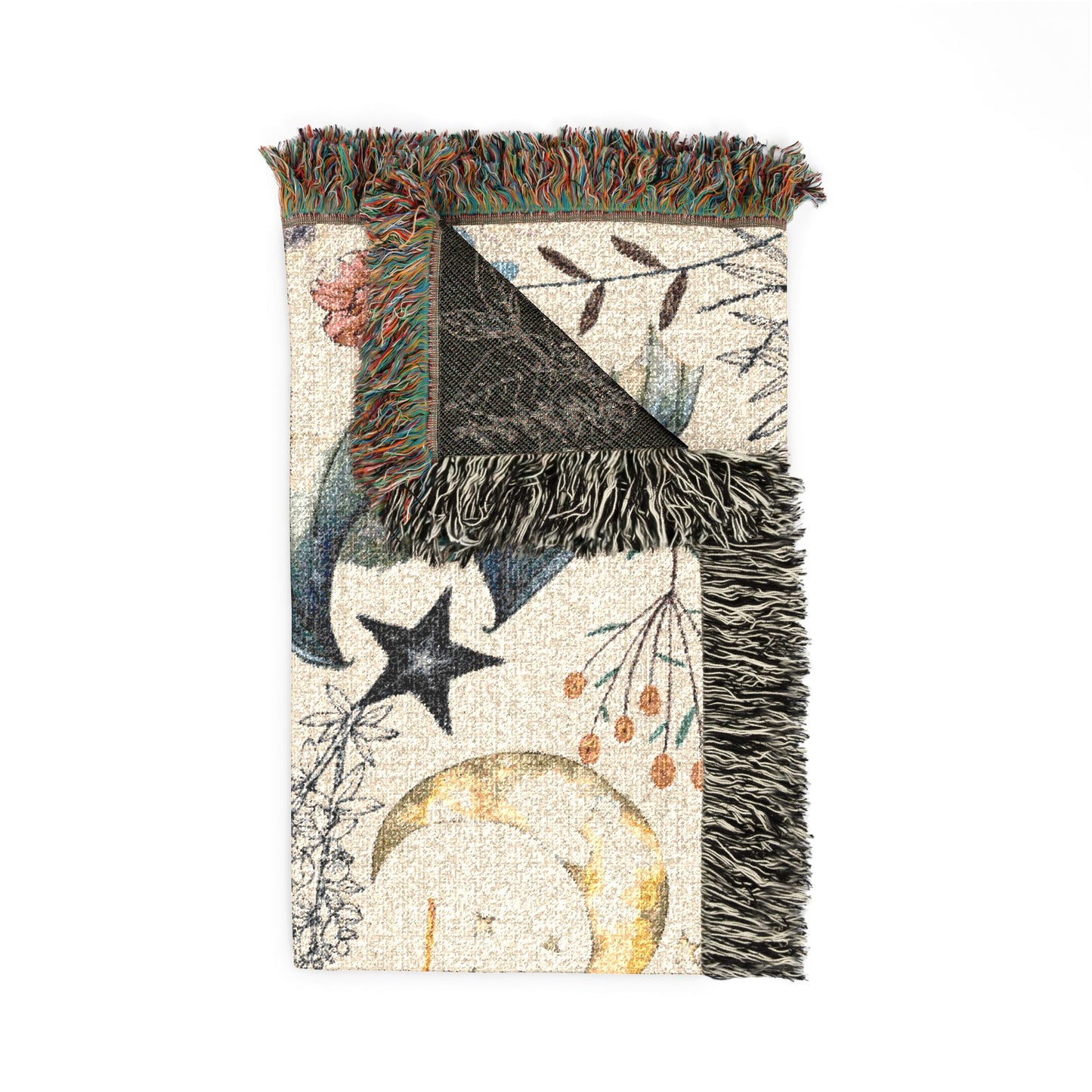 Celestial Bat Woven Blanket — Moon & Star Throw with Botanical Accents