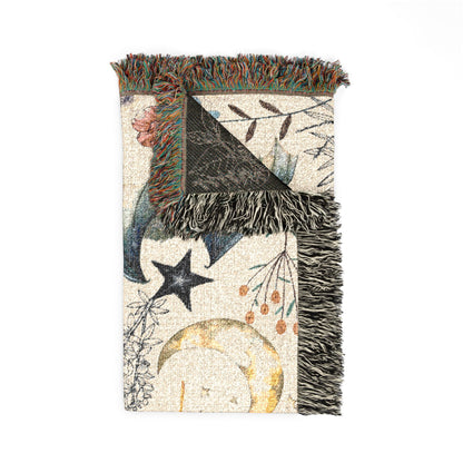 Celestial Bat Woven Blanket — Moon & Star Throw with Botanical Accents