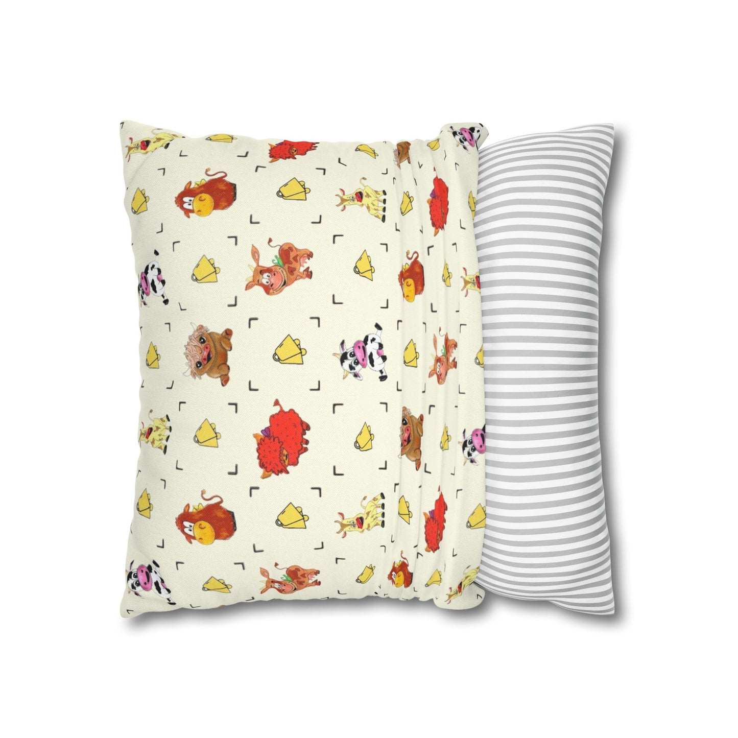 Cute Farm Animal Pattern Square Pillowcase – Whimsical Chick, Pig & Cow Throw Pillow Cover