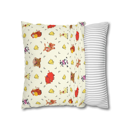 Cute Farm Animal Pattern Square Pillowcase – Whimsical Chick, Pig & Cow Throw Pillow Cover