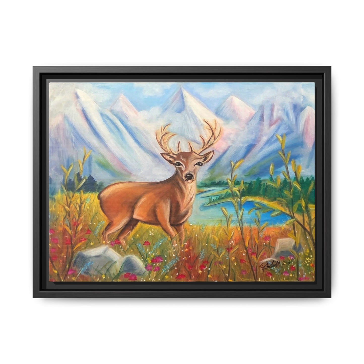 Framed Canvas Wall Art — Majestic Deer in Mountain Meadow