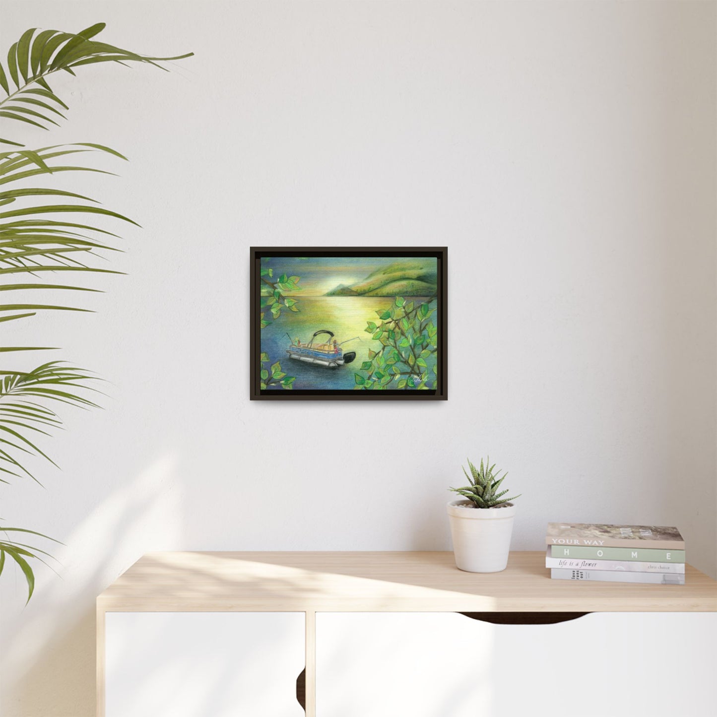 Pontoon Boat on Lake Framed Wall Art
