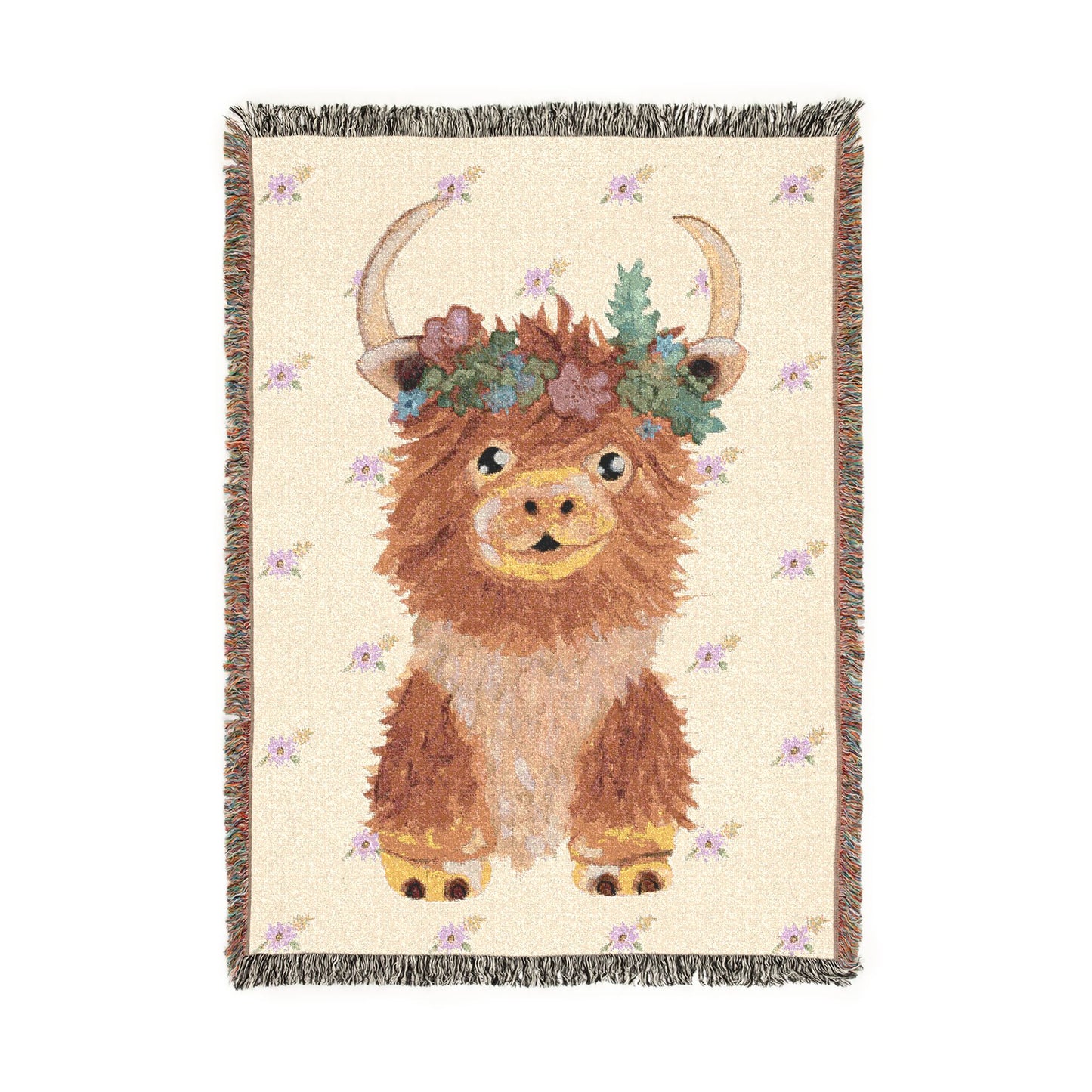 Highland Cow Floral Crown Woven Blanket — Cozy Cabin Throw for Rustic Home & Camping