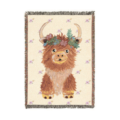 Highland Cow Floral Crown Woven Blanket — Cozy Cabin Throw for Rustic Home & Camping