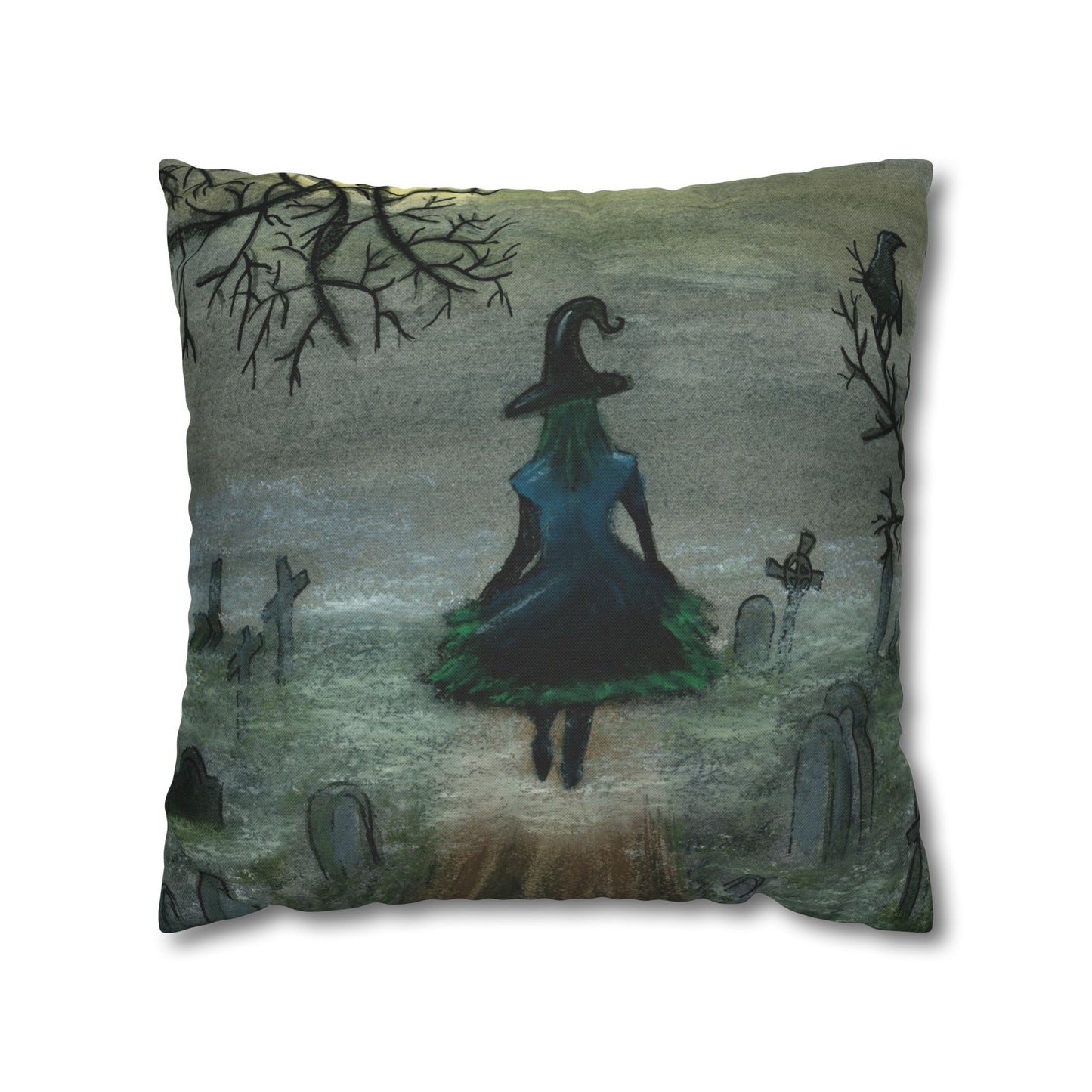 Witch Silhouette Spun Polyester Pillow - Haunted Graveyard Halloween Decor