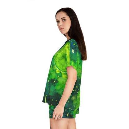 Green Watercolor Galaxy Pajama Set - Women's Short Sleepwear