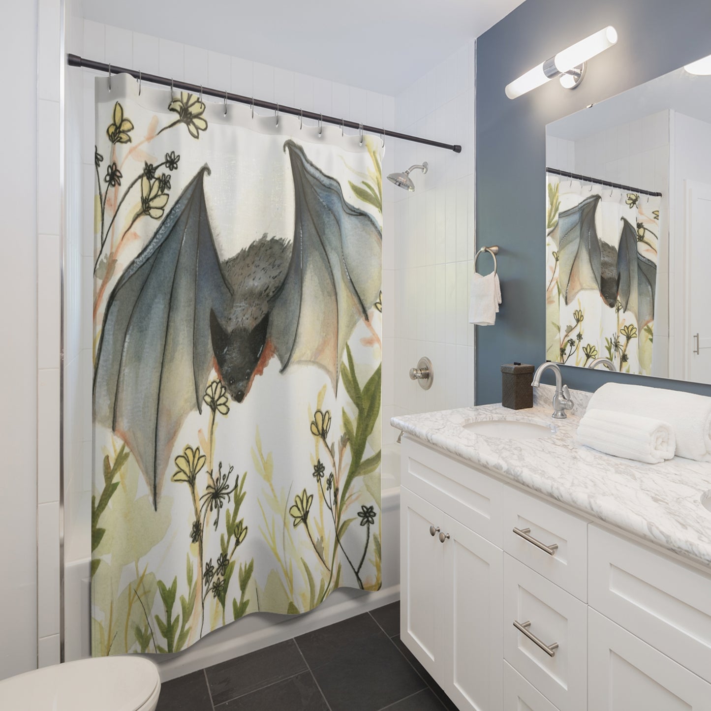 Bat Illustration Shower Curtain — Whimsical Watercolor Night Bat Bathroom Decor