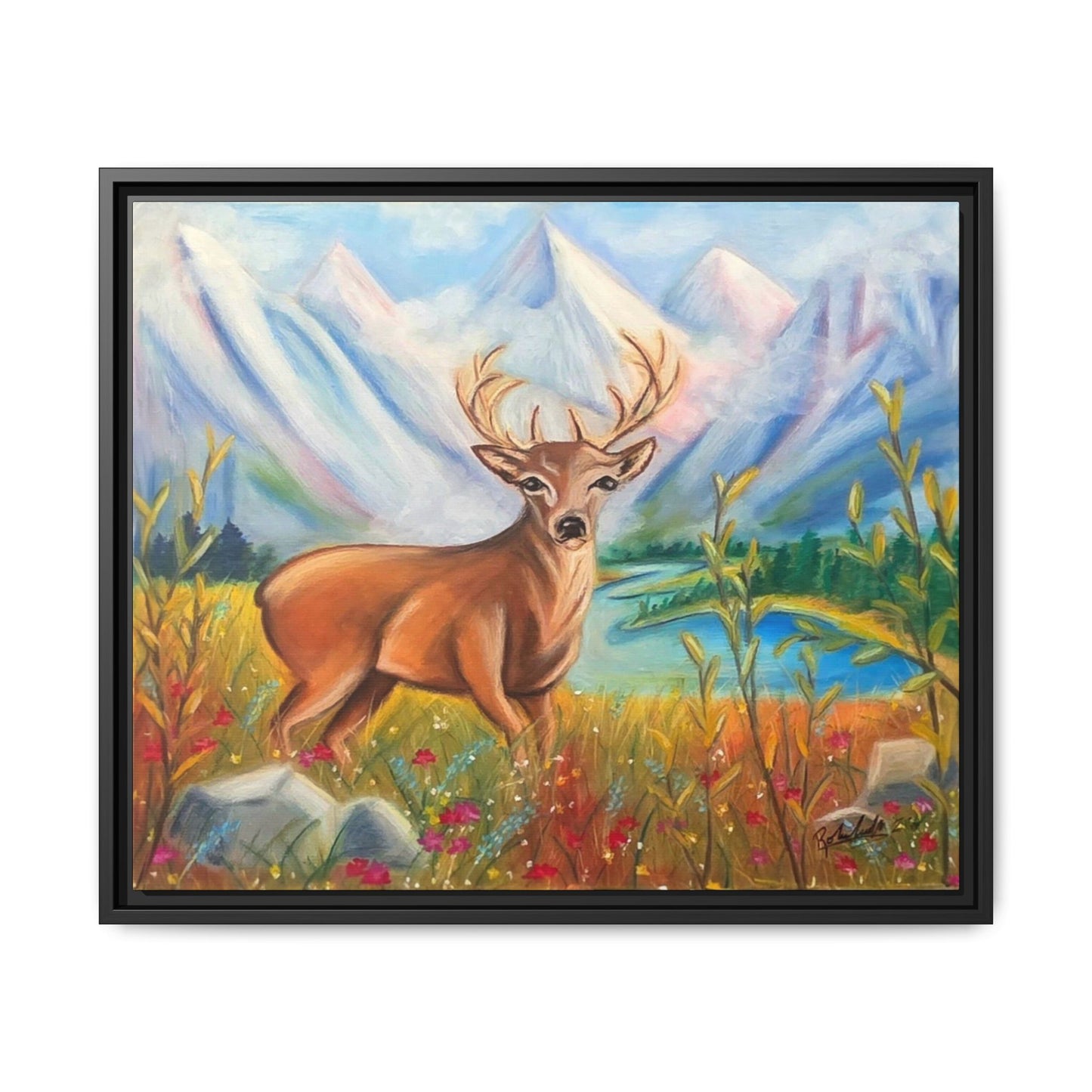 Framed Canvas Wall Art — Majestic Deer in Mountain Meadow