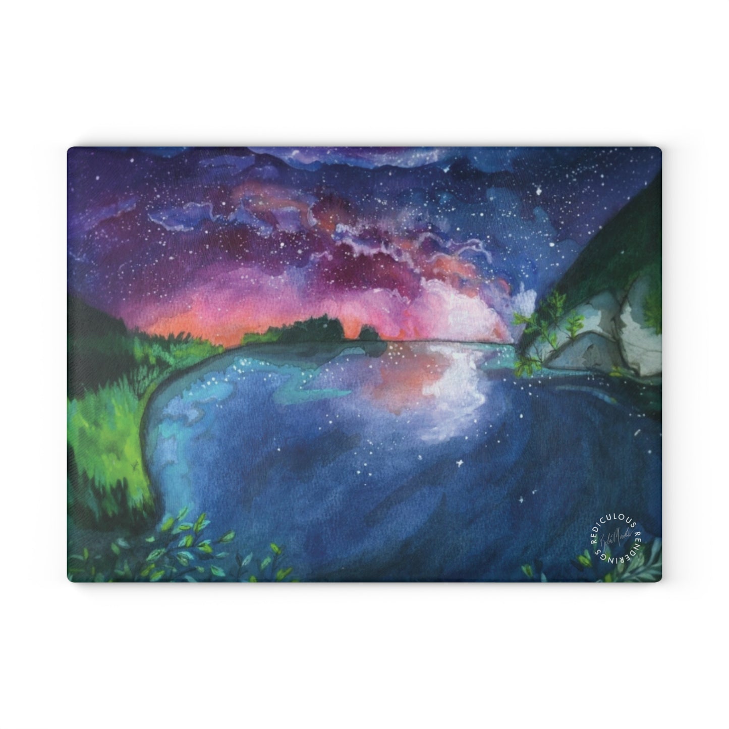 Glass Cutting Board - Aurora Lake Nightscape Art