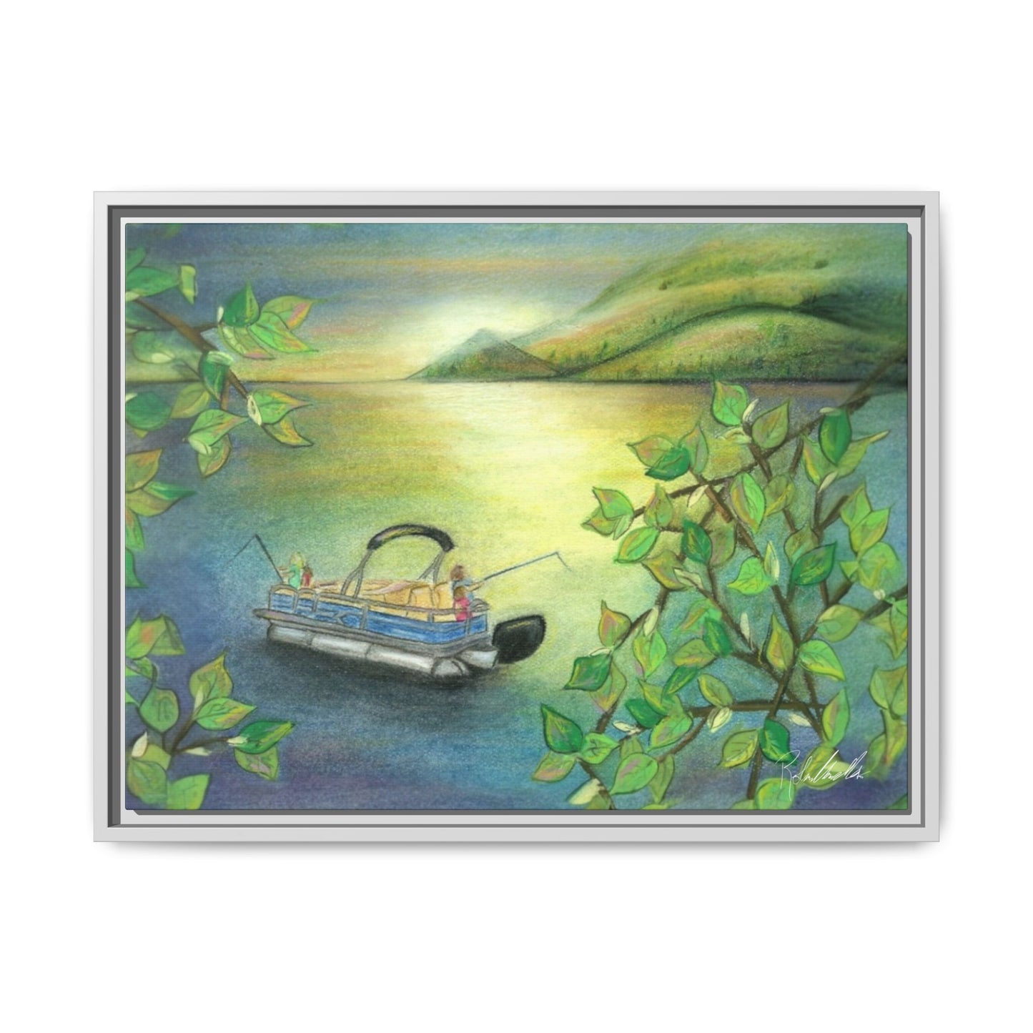 Pontoon Boat on Lake Framed Wall Art