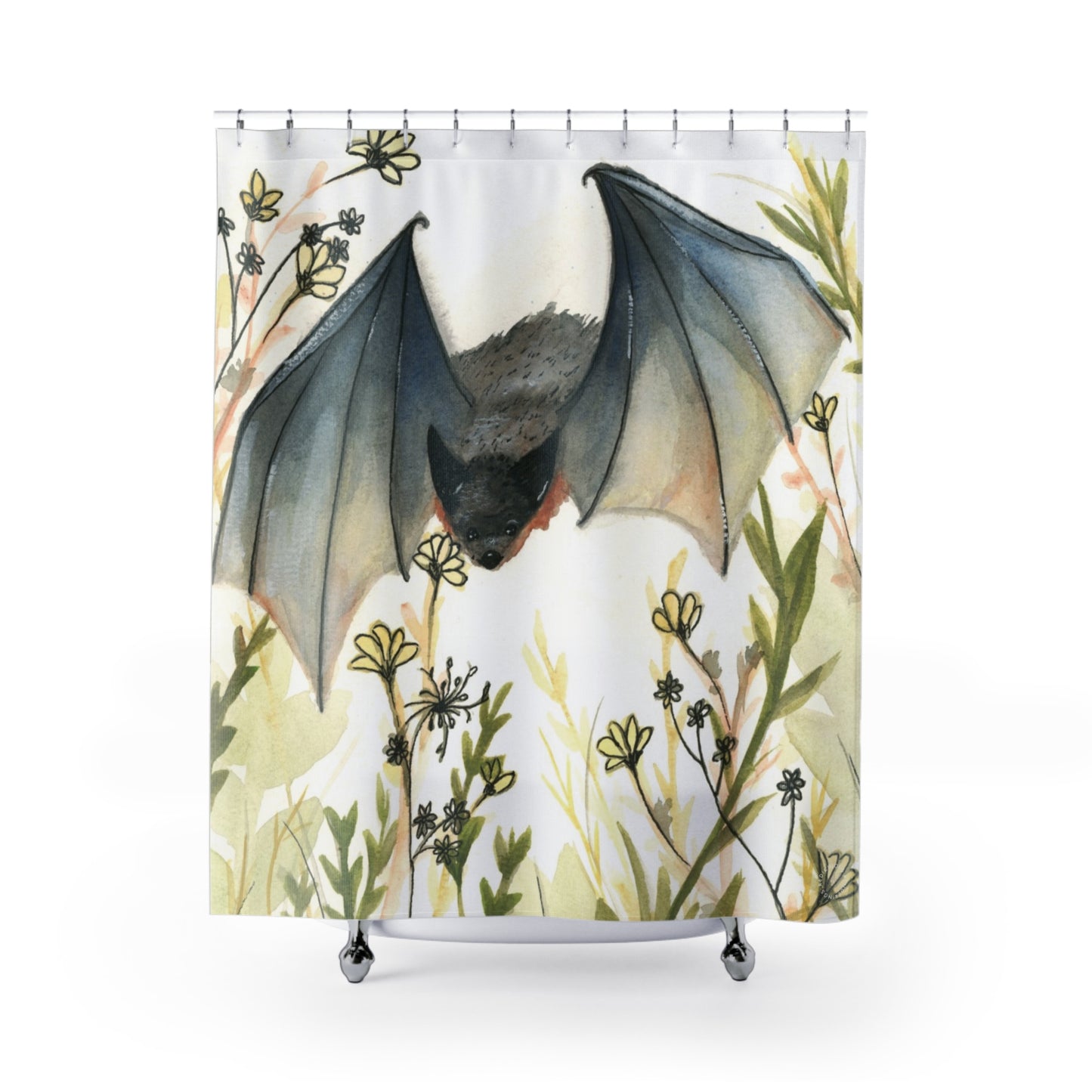 Bat Illustration Shower Curtain — Whimsical Watercolor Night Bat Bathroom Decor