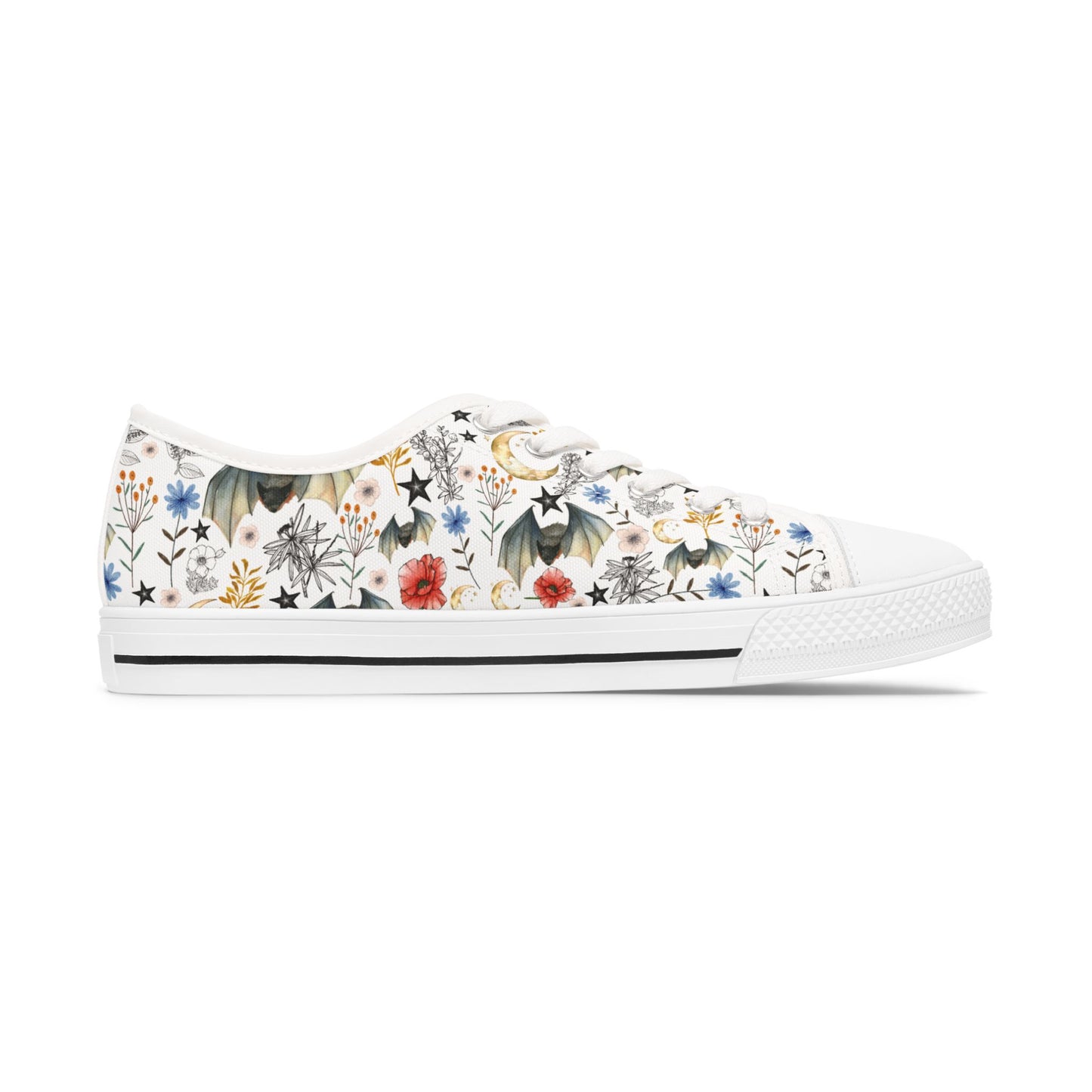 Floral Constellation Bat Low-Top Sneakers — Women's Casual Garden Print Shoes