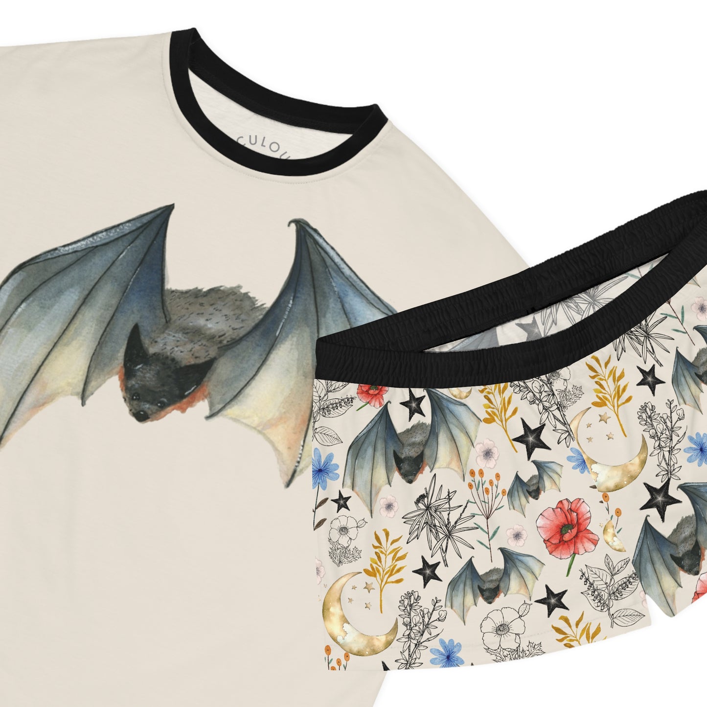 Bat Floral Women's Short Pajama Set — Cute Nightwear with Bat & Floral Print