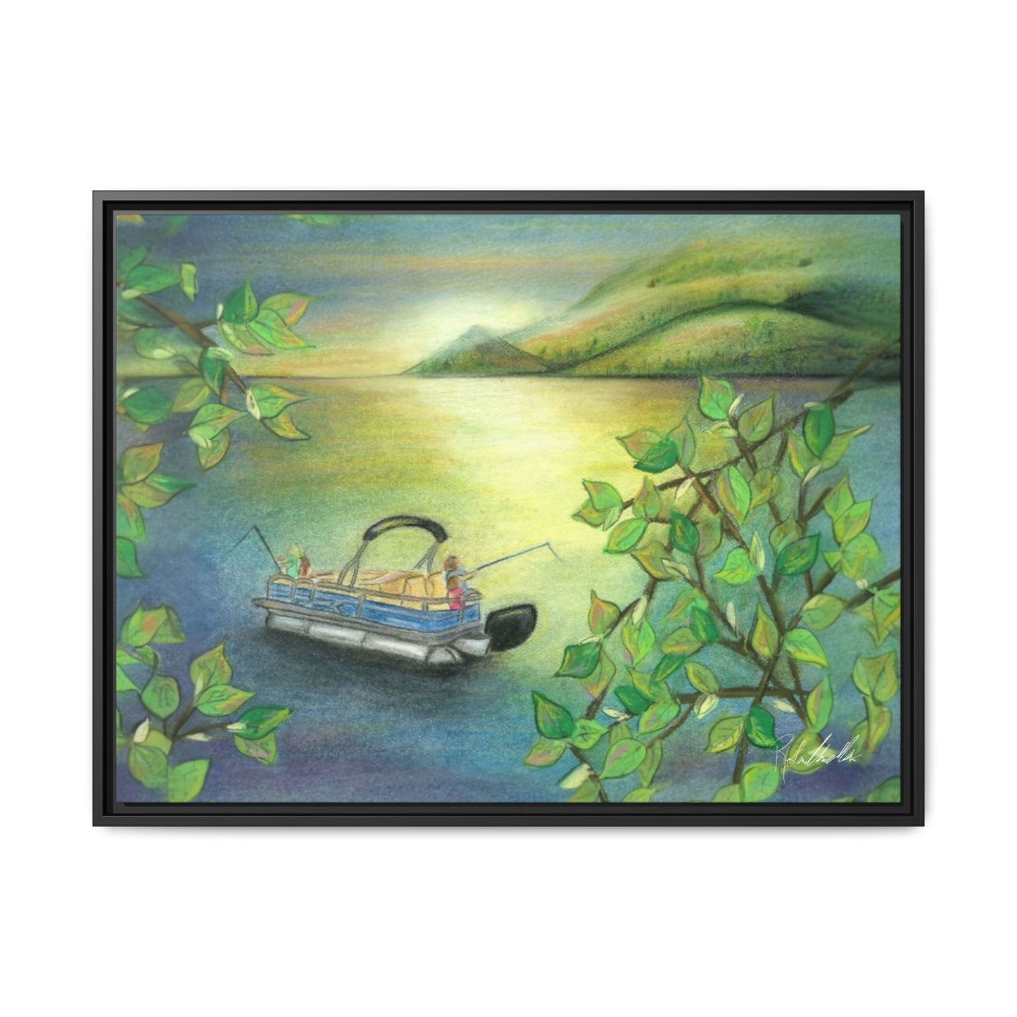 Pontoon Boat on Lake Framed Wall Art