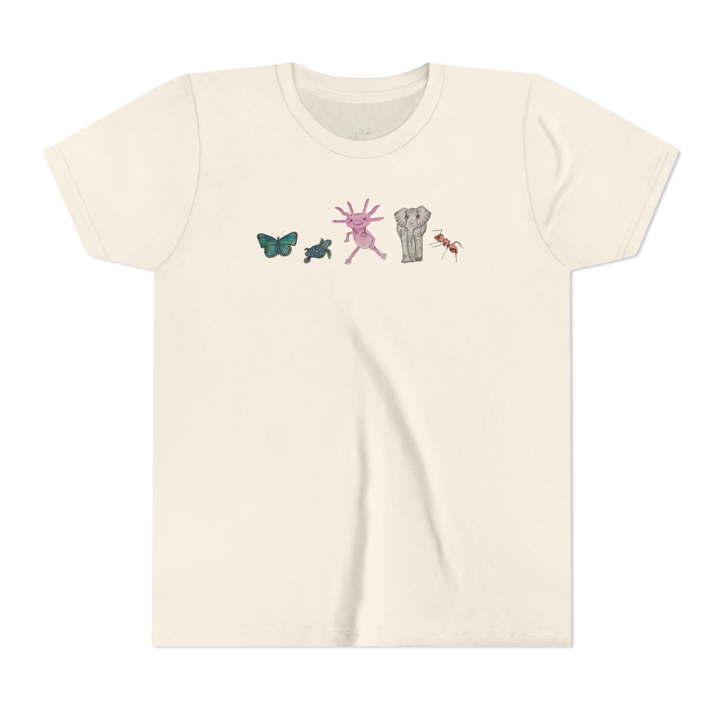 Youth Tee — Whimsical Critters (butterfly, ant, axolotl, elephant)