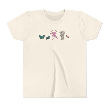 Youth Tee — Whimsical Critters (butterfly, ant, axolotl, elephant)