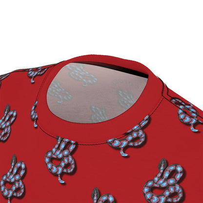 Red Snake Pattern T-Shirt — All-Over Print Casual Tee