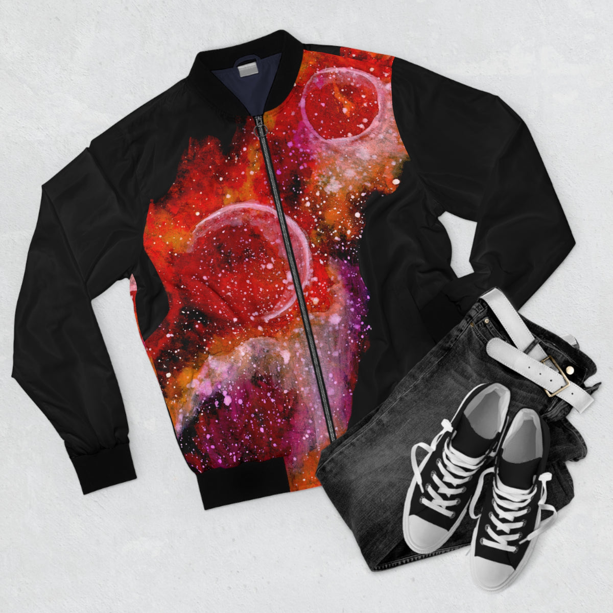 Galaxy Nebula Bomber Jacket — Red Cosmic Space Print