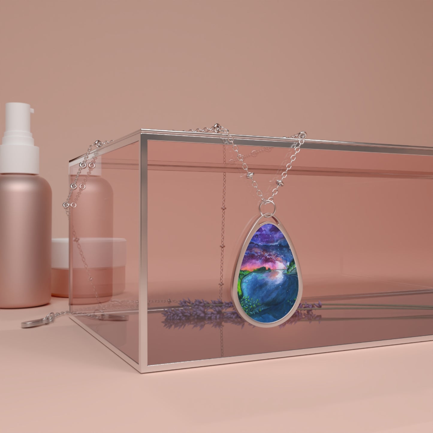 Silver Oval Pendant Necklace with Hand-painted Sunset Lake Watercolor Art