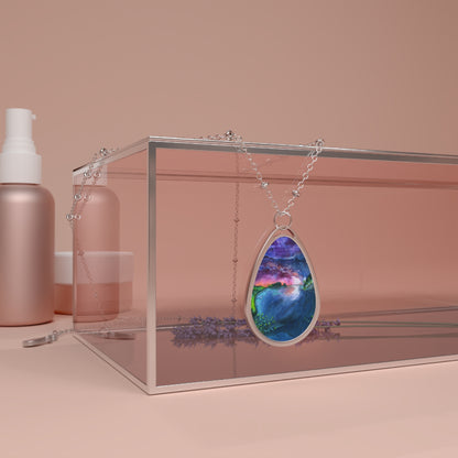 Silver Oval Pendant Necklace with Hand-painted Sunset Lake Watercolor Art