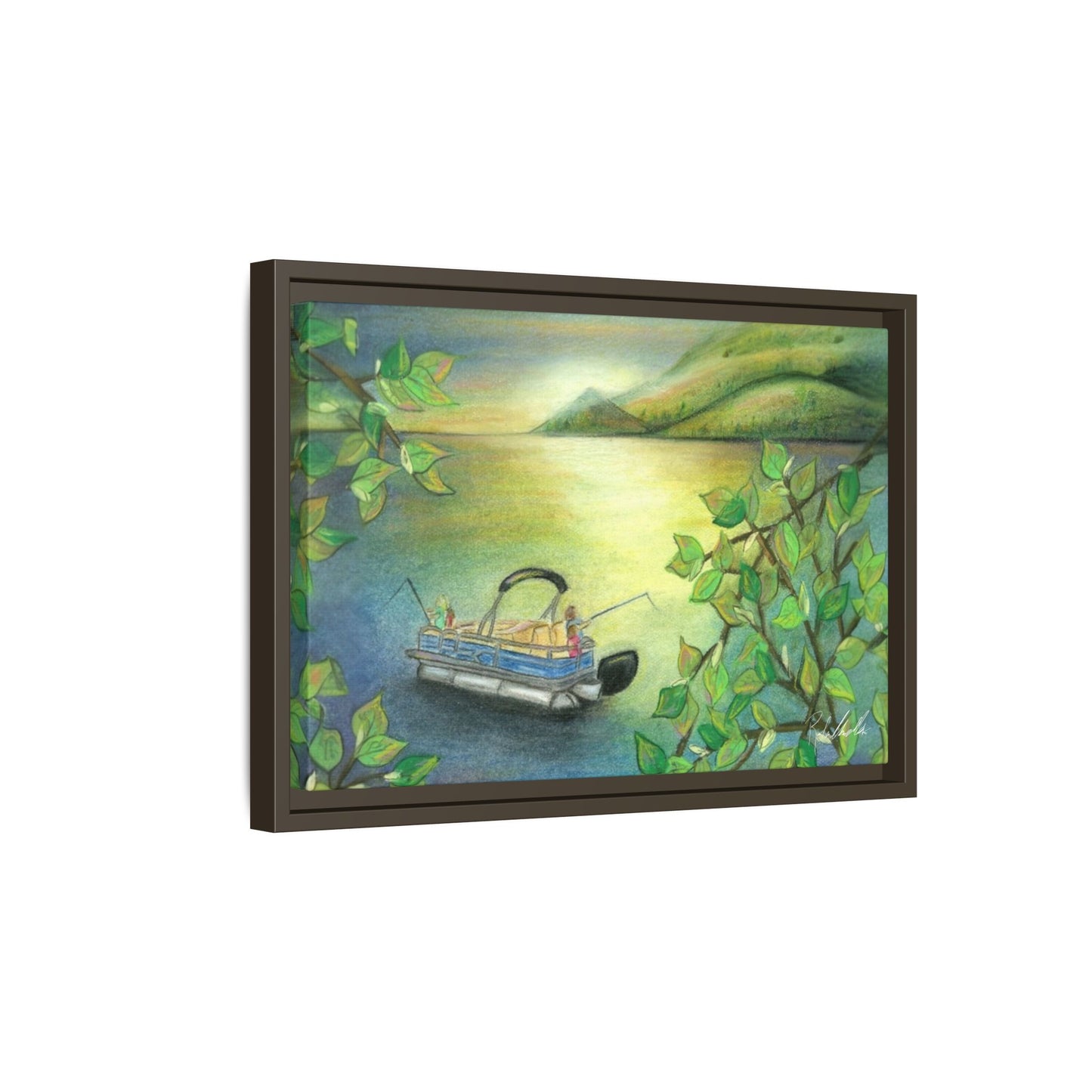 Pontoon Boat on Lake Framed Wall Art