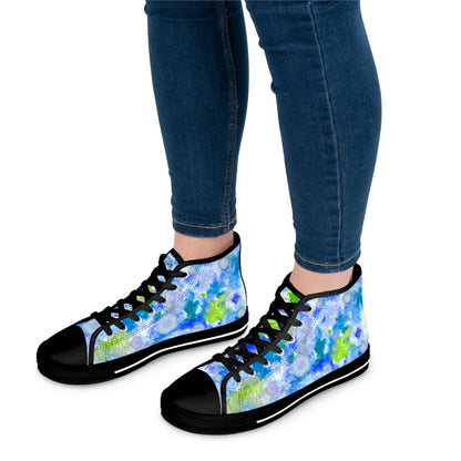 Women's High Top Sneakers — Blue Green Watercolor Floral Pattern