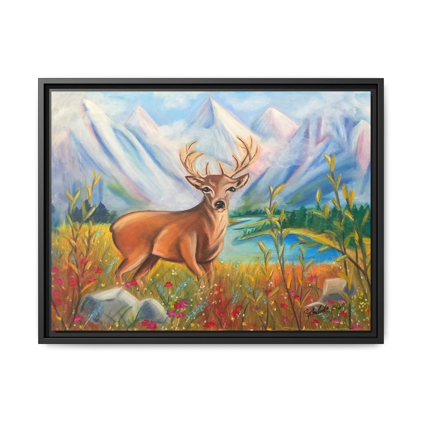 Framed Canvas Wall Art — Majestic Deer in Mountain Meadow