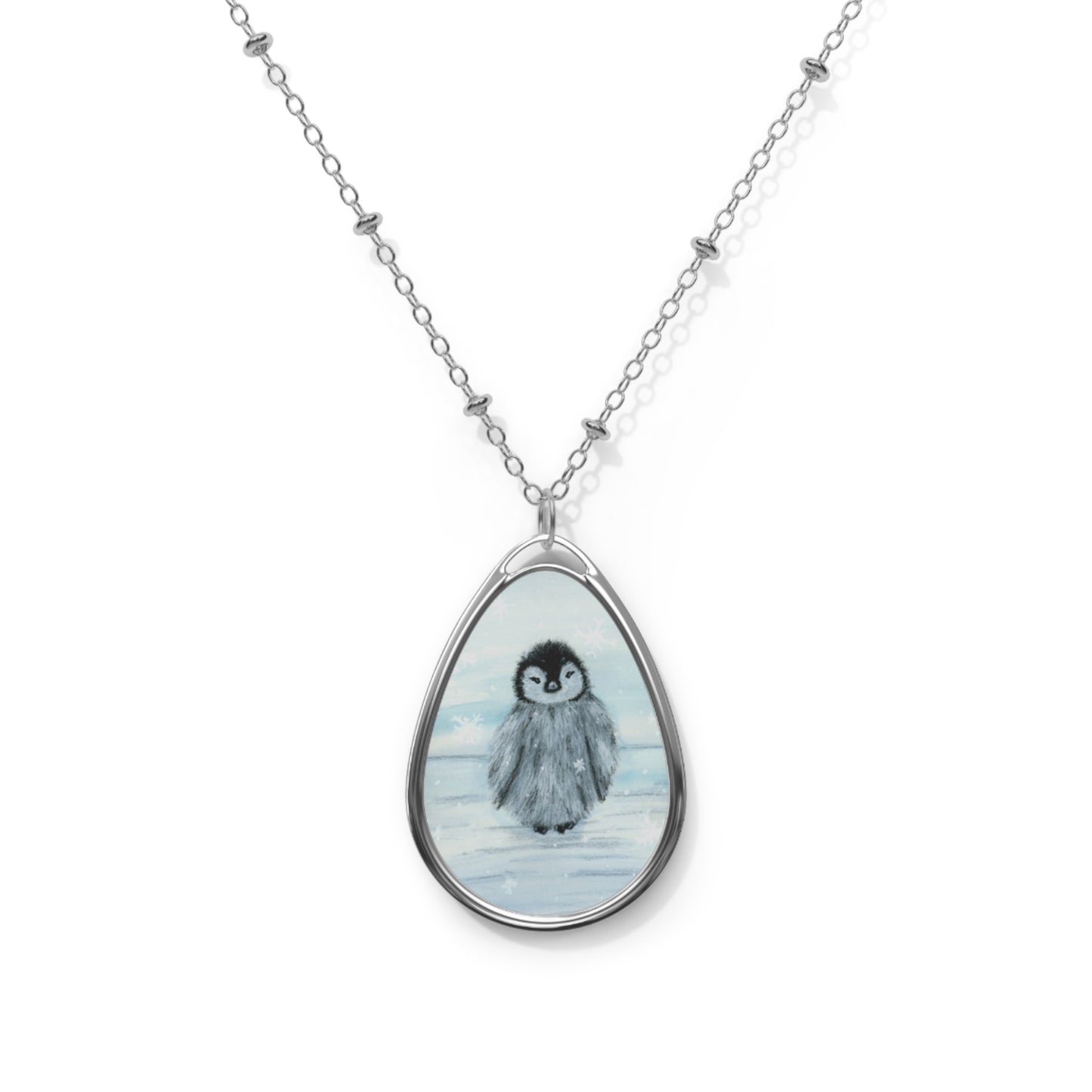 Winter Snow Penguin Oval Necklace