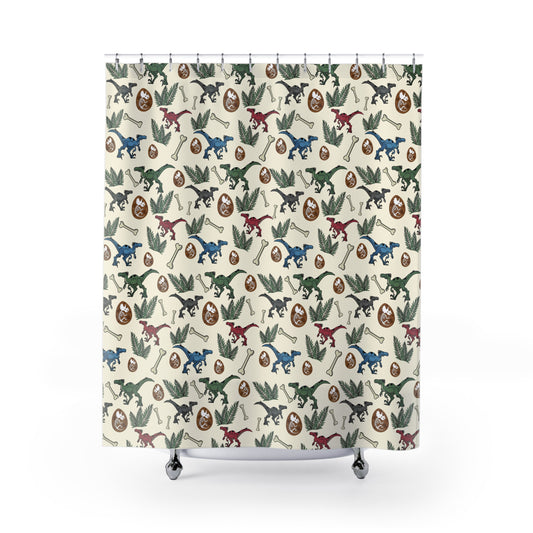 Vintage Dinosaur Pattern Shower Curtain — Retro Raptors, Fossils & Eggs Bathroom Decor