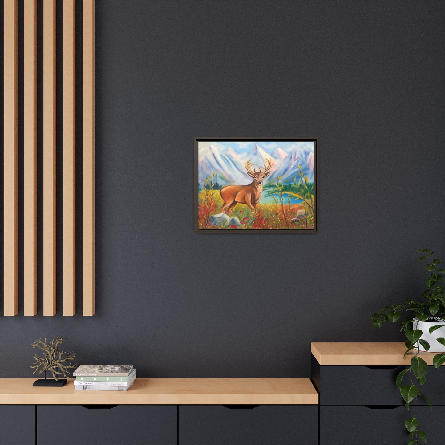 Framed Canvas Wall Art — Majestic Deer in Mountain Meadow