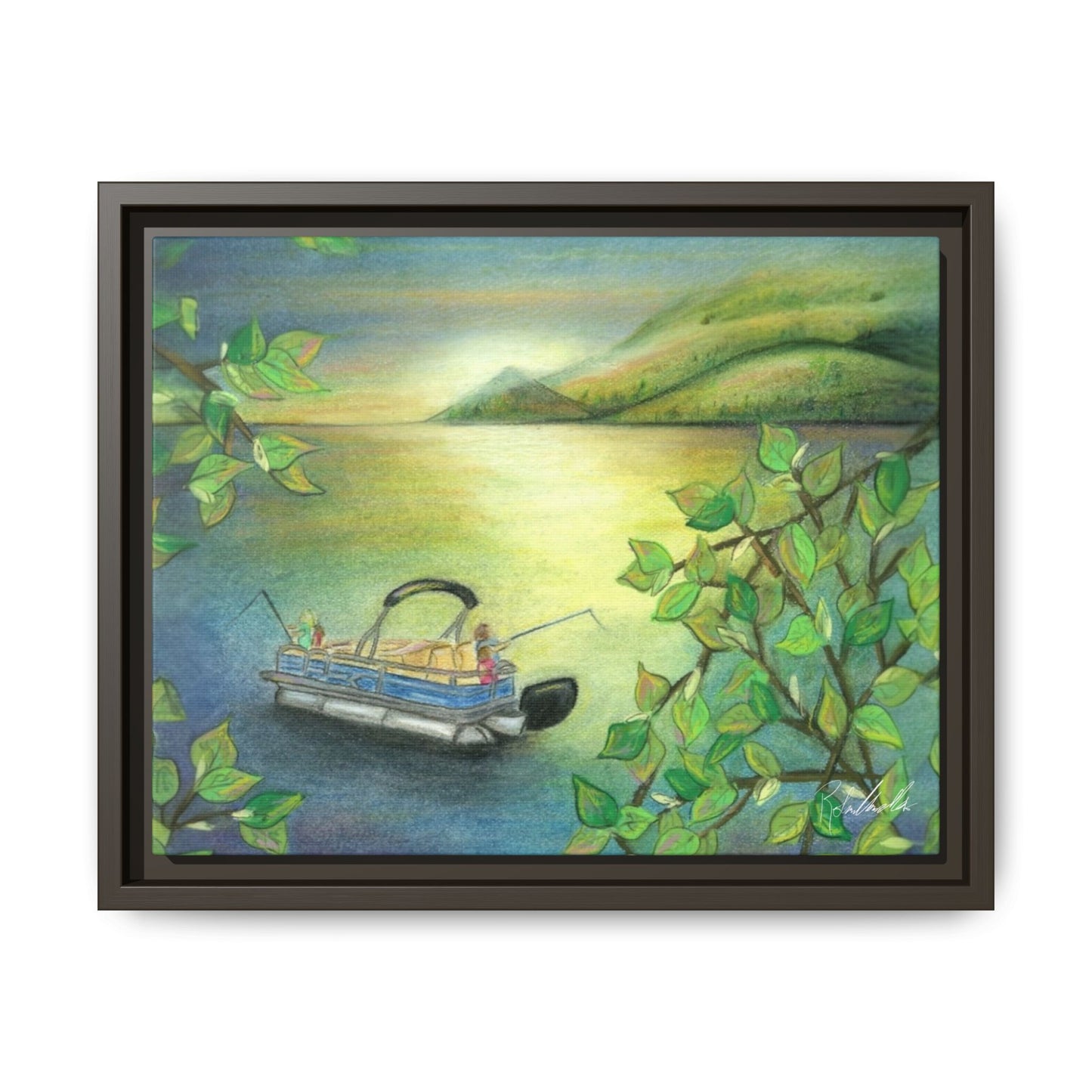 Pontoon Boat on Lake Framed Wall Art